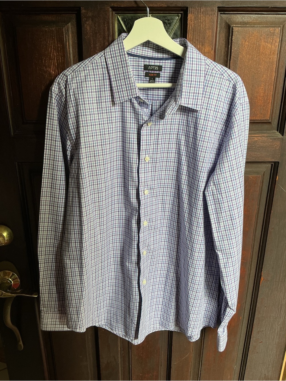 Worn once - Apt. 9 Men's Blue and Purple Plaid Slim Button-Down Shirt